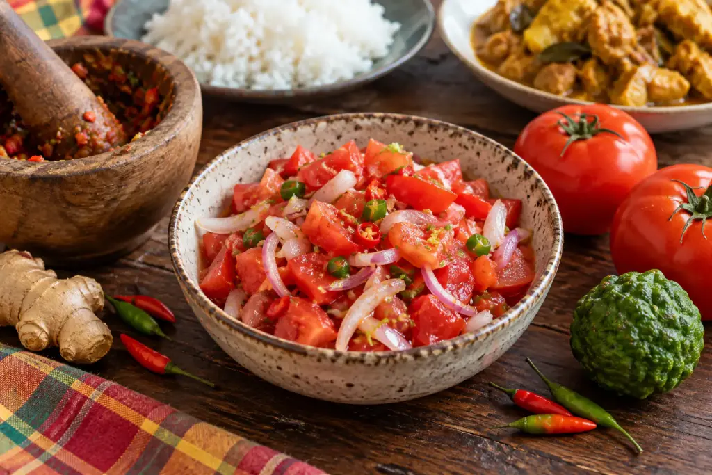 Rougail tomate réunionnais dans un bol en grès, avec un pilon, des piments oiseaux, du gingembre et un combava