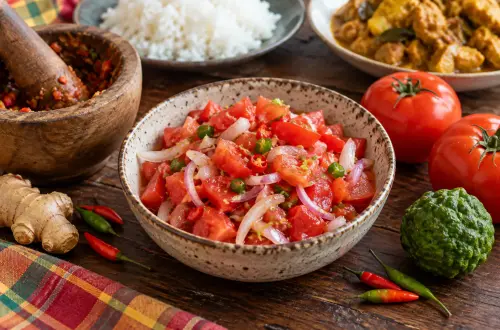 Rougail tomate réunionnais dans un bol en grès, avec un pilon, des piments oiseaux, du gingembre et un combava