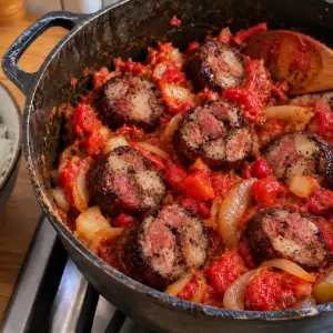 Marmite en fonte de rougail zandouille sur la gazinière : rondelles épaisses d'andouille fumée dans une sauce tomate aux oignons, à côté d'un bol de riz blanc
