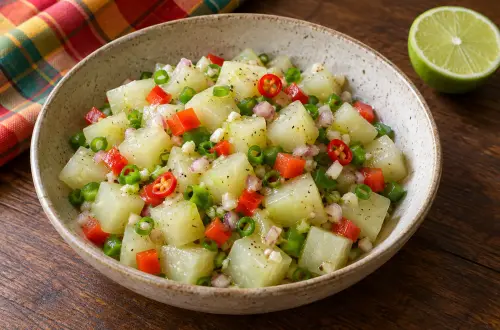 Salade de chouchou réunionnaise en dés, avec poivrons, échalote, oignons verts et piment