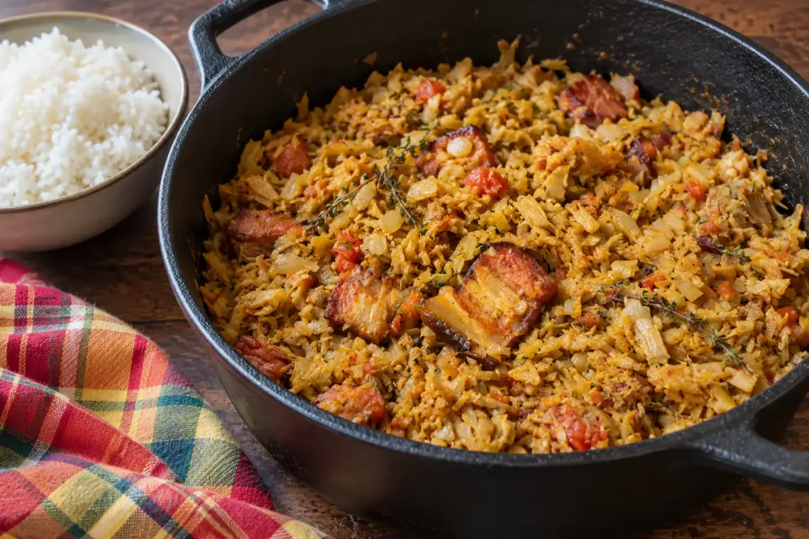 Marmite en fonte de cari ti jacques boucané : jacquier vert effiloché au curcuma, morceaux de boucané dorés, tomate et thym, à côté d'un bol de riz blanc