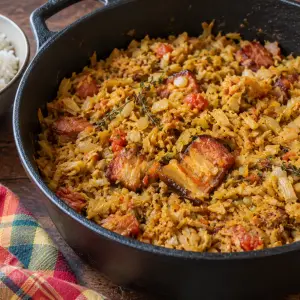 Marmite en fonte de cari ti jacques boucané : jacquier vert effiloché au curcuma, morceaux de boucané dorés, tomate et thym, à côté d'un bol de riz blanc