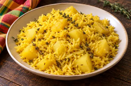 Zembrocal pomme de terre réunionnais : riz jaune au curcuma, cubes de pomme de terre et thym