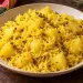 Zembrocal pomme de terre réunionnais : riz jaune au curcuma, cubes de pomme de terre et thym