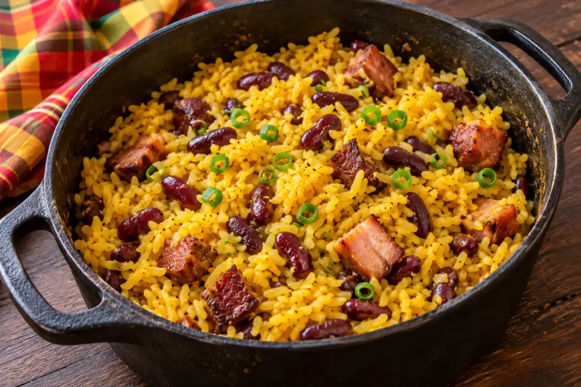 Marmite en fonte de zembrocal réunionnais : riz jaune au curcuma, haricots rouges entiers et cubes de boucané dorés, parsemés d'oignons verts