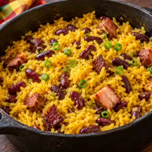 Marmite en fonte de zembrocal réunionnais : riz jaune au curcuma, haricots rouges entiers et cubes de boucané dorés, parsemés d'oignons verts