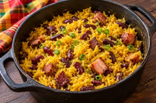 Marmite en fonte de zembrocal réunionnais : riz jaune au curcuma, haricots rouges entiers et cubes de boucané dorés, parsemés d'oignons verts